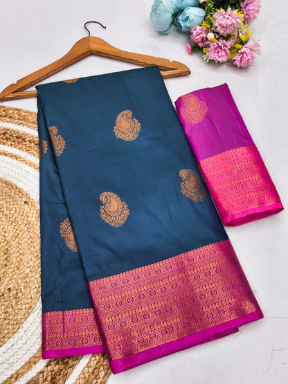 Navy Blue Soft Silk Saree with Rani Pink Zari Border & Traditional Woven Pallu
