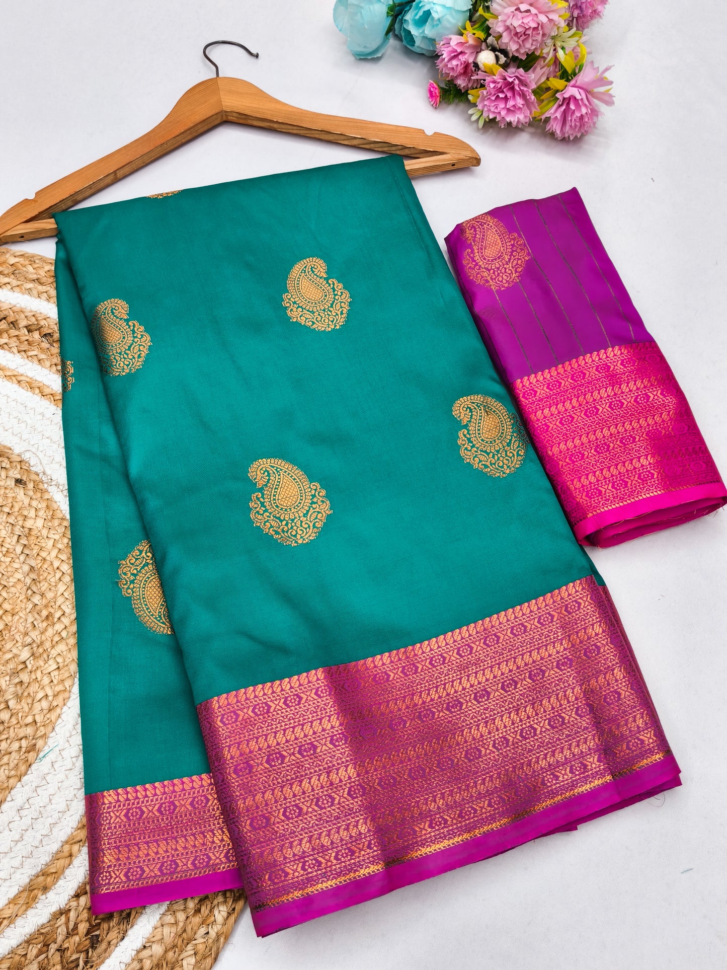 Rama Blue Soft Silk Saree with Rani Pink Zari Border & Rich Contrast Pallu