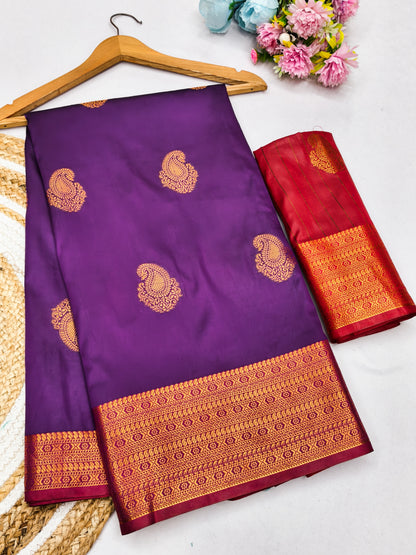 Royal Purple Soft Silk Saree with Coral Red Zari Border & Rich Contrast Pallu