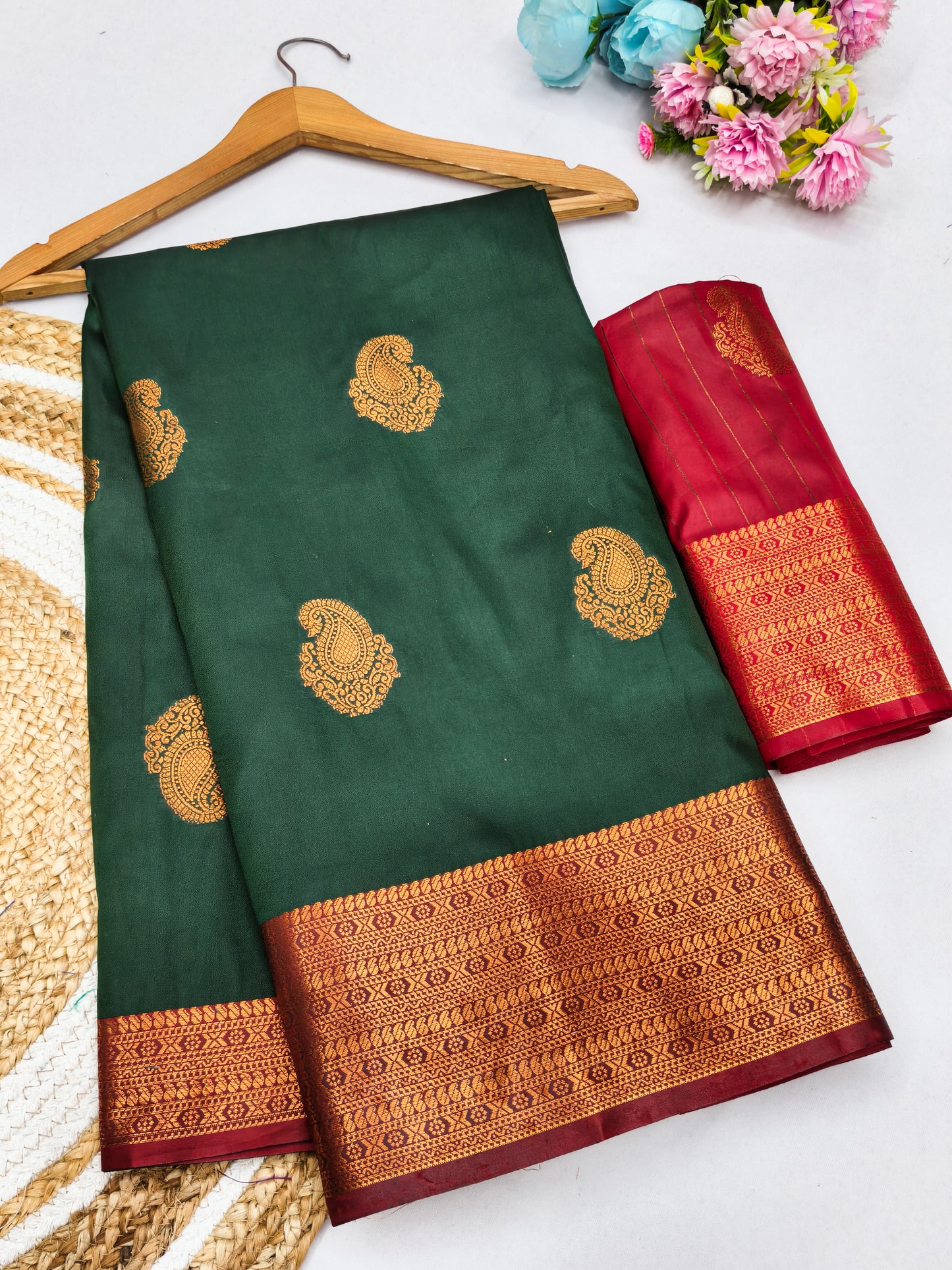 Bottle Green Soft Silk Saree with Maroon Zari Border & Traditional Woven Pallu