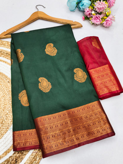 Bottle Green Soft Silk Saree with Maroon Zari Border & Traditional Woven Pallu