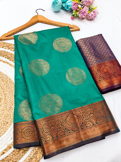 Rama Green Banarasi Silk Saree with Antique Copper Zari Circular Buttas & Deep Coffee Brown Woven Pallu