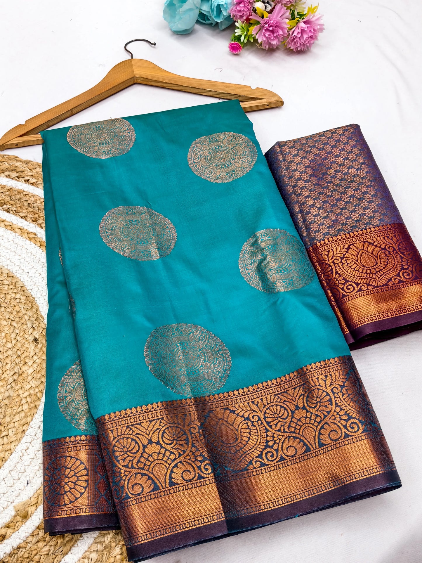 Firozi Blue Banarasi Silk Saree with Antique Copper Zari Circular Buttas & Rich Woven Border