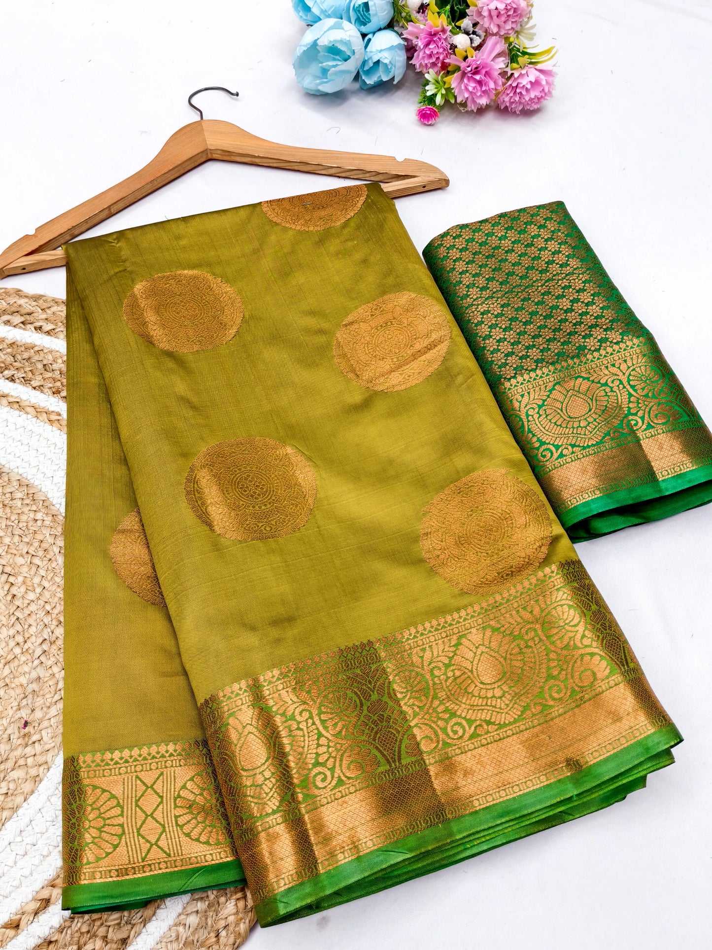 Lemon Green Banarasi Silk Saree with Antique Copper Zari Circular Buttas & Emerald Green Woven Pallu