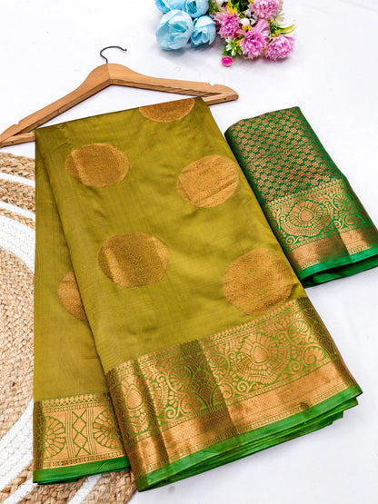 Lemon Green Banarasi Silk Saree with Antique Copper Zari Circular Buttas & Emerald Green Woven Pallu