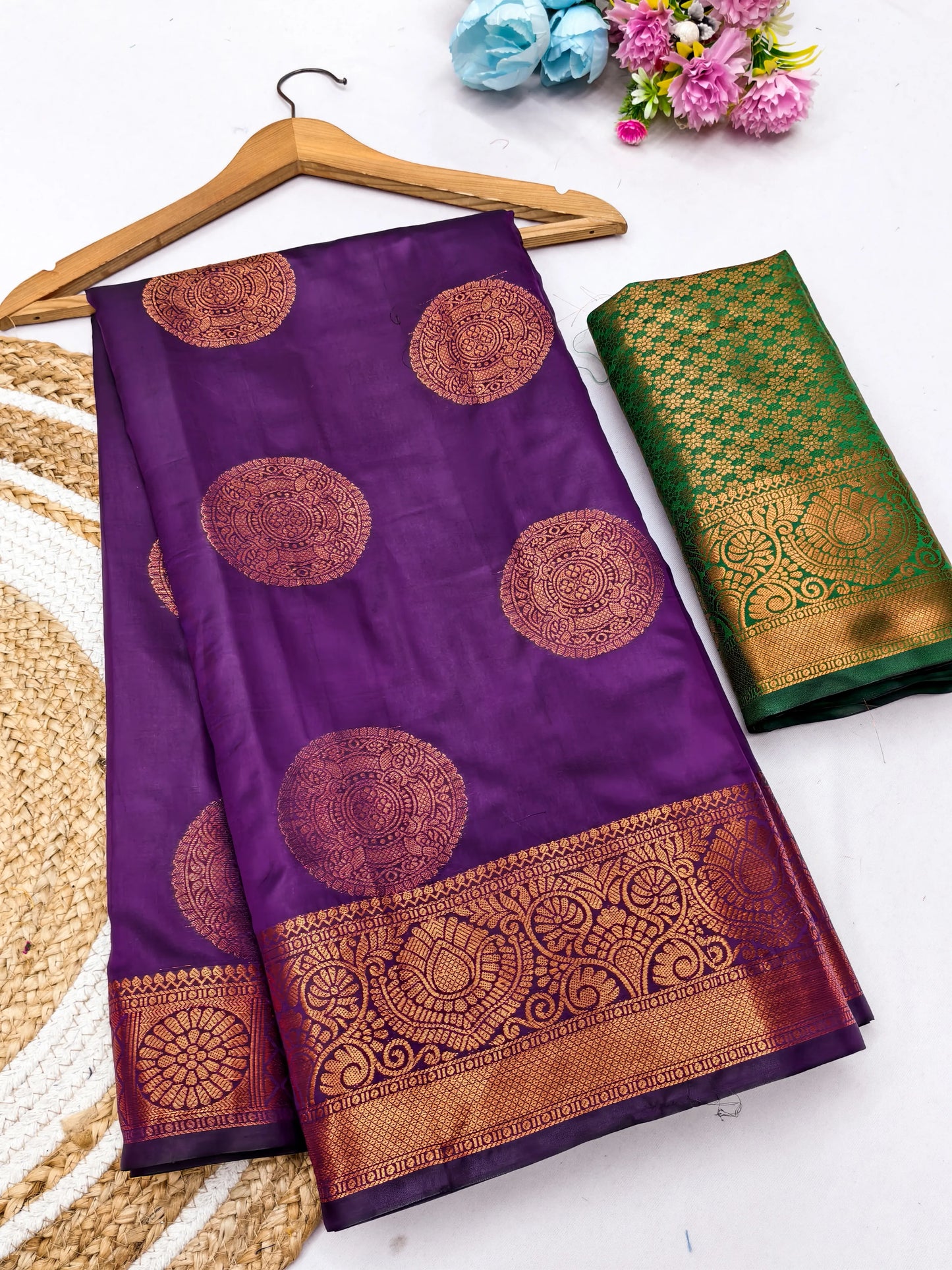Wine Purple Banarasi Silk Saree with Antique Copper Zari Circular Buttas & Emerald Green Woven Pallu