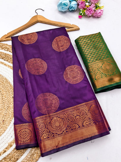 Wine Purple Banarasi Silk Saree with Antique Copper Zari Circular Buttas & Emerald Green Woven Pallu