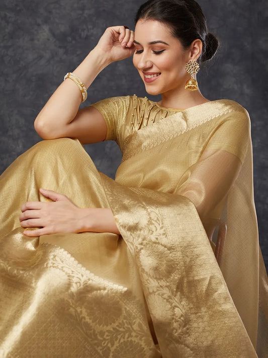 Royal Chiku Gold Kota Silk Saree with Woven Zari Floral Pallu