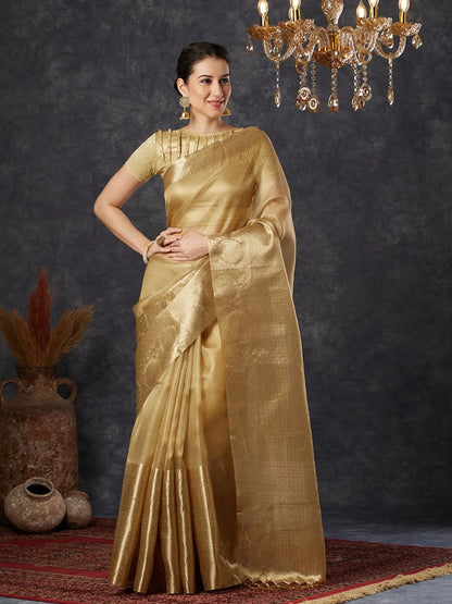 Royal Chiku Gold Kota Silk Saree with Woven Zari Floral Pallu