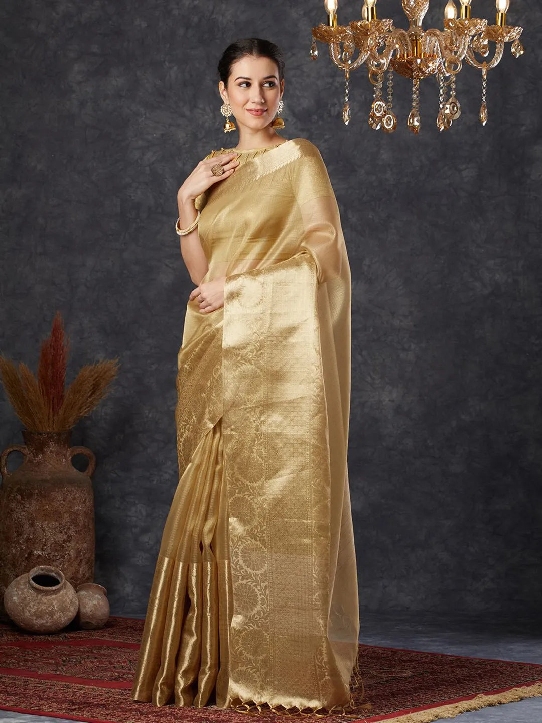 Royal Chiku Gold Kota Silk Saree with Woven Zari Floral Pallu