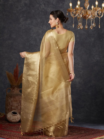 Royal Chiku Gold Kota Silk Saree with Woven Zari Floral Pallu