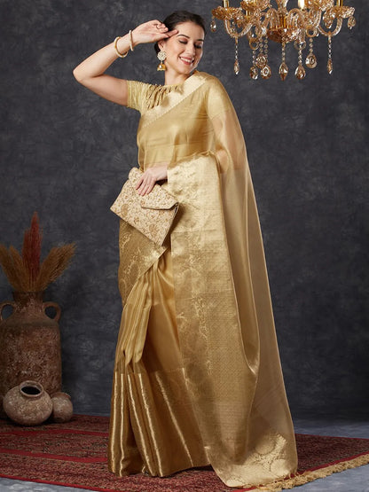 Royal Chiku Gold Kota Silk Saree with Woven Zari Floral Pallu