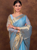 Elegant Firozi Blue Kota Silk Saree with Silver-Gold Zari Border