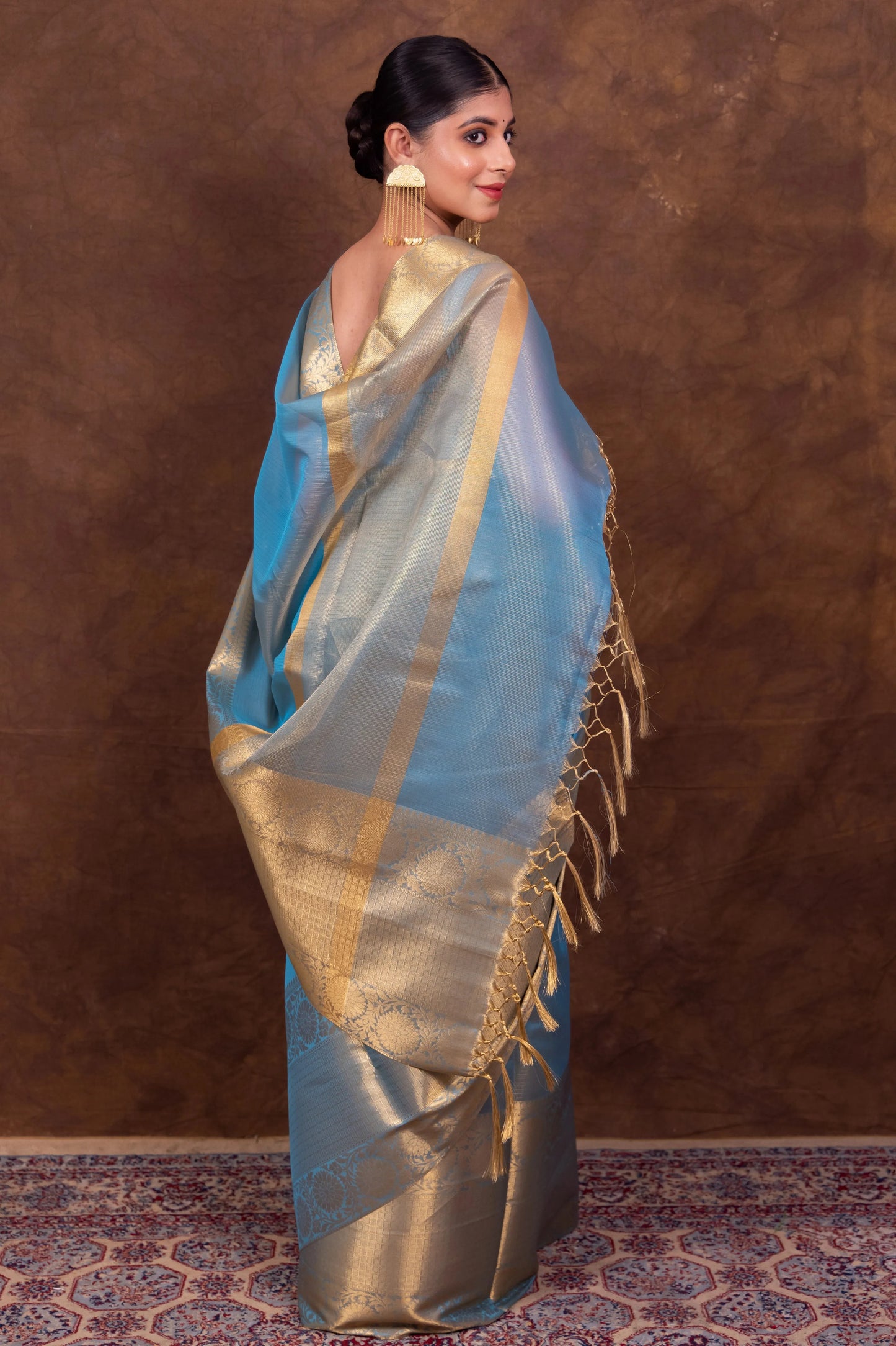 Elegant Firozi Blue Kota Silk Saree with Silver-Gold Zari Border