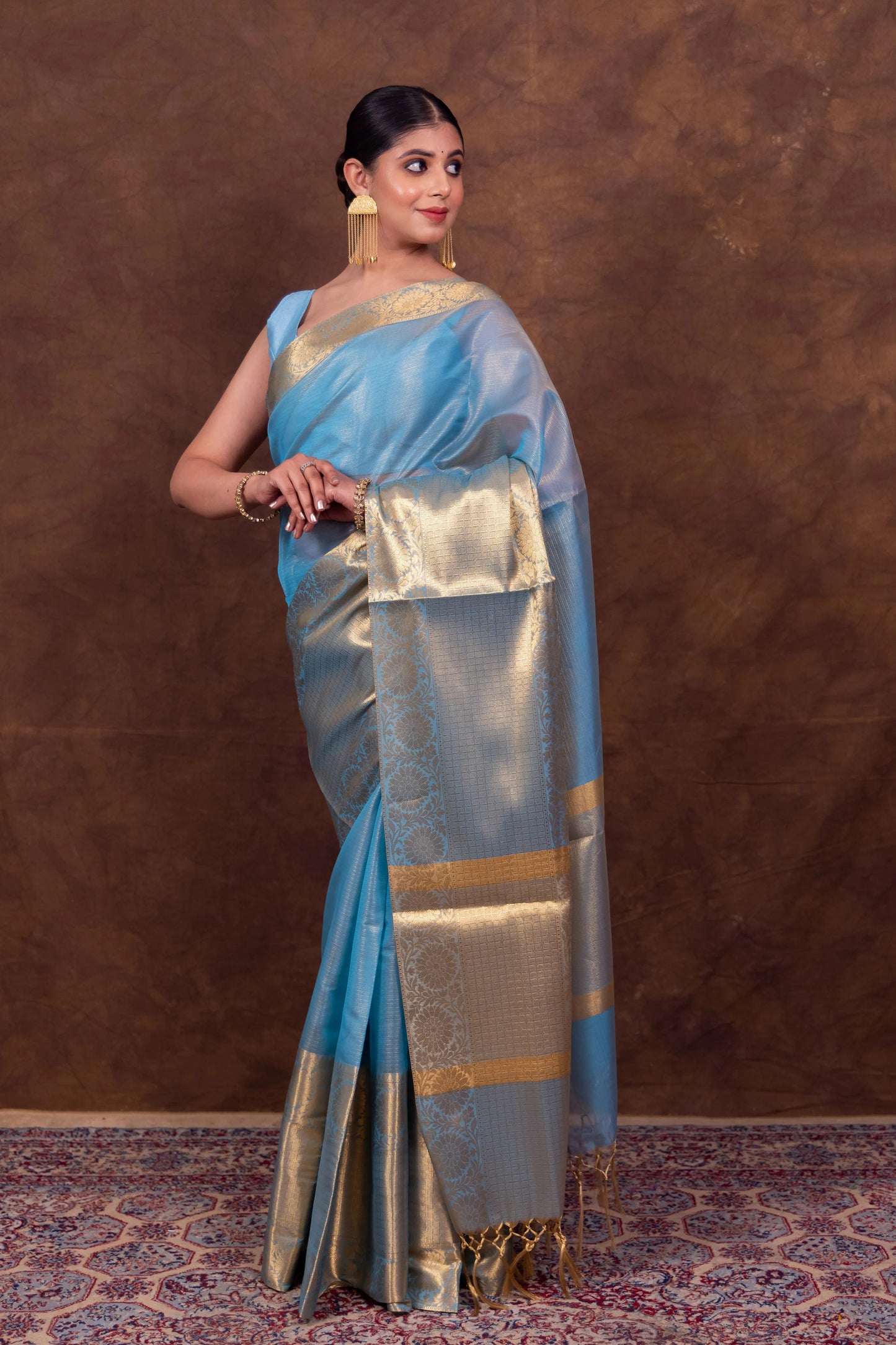 Elegant Firozi Blue Kota Silk Saree with Silver-Gold Zari Border