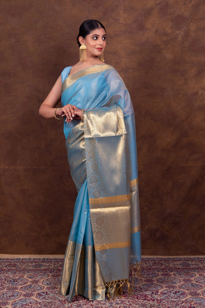 Elegant Firozi Blue Kota Silk Saree with Silver-Gold Zari Border