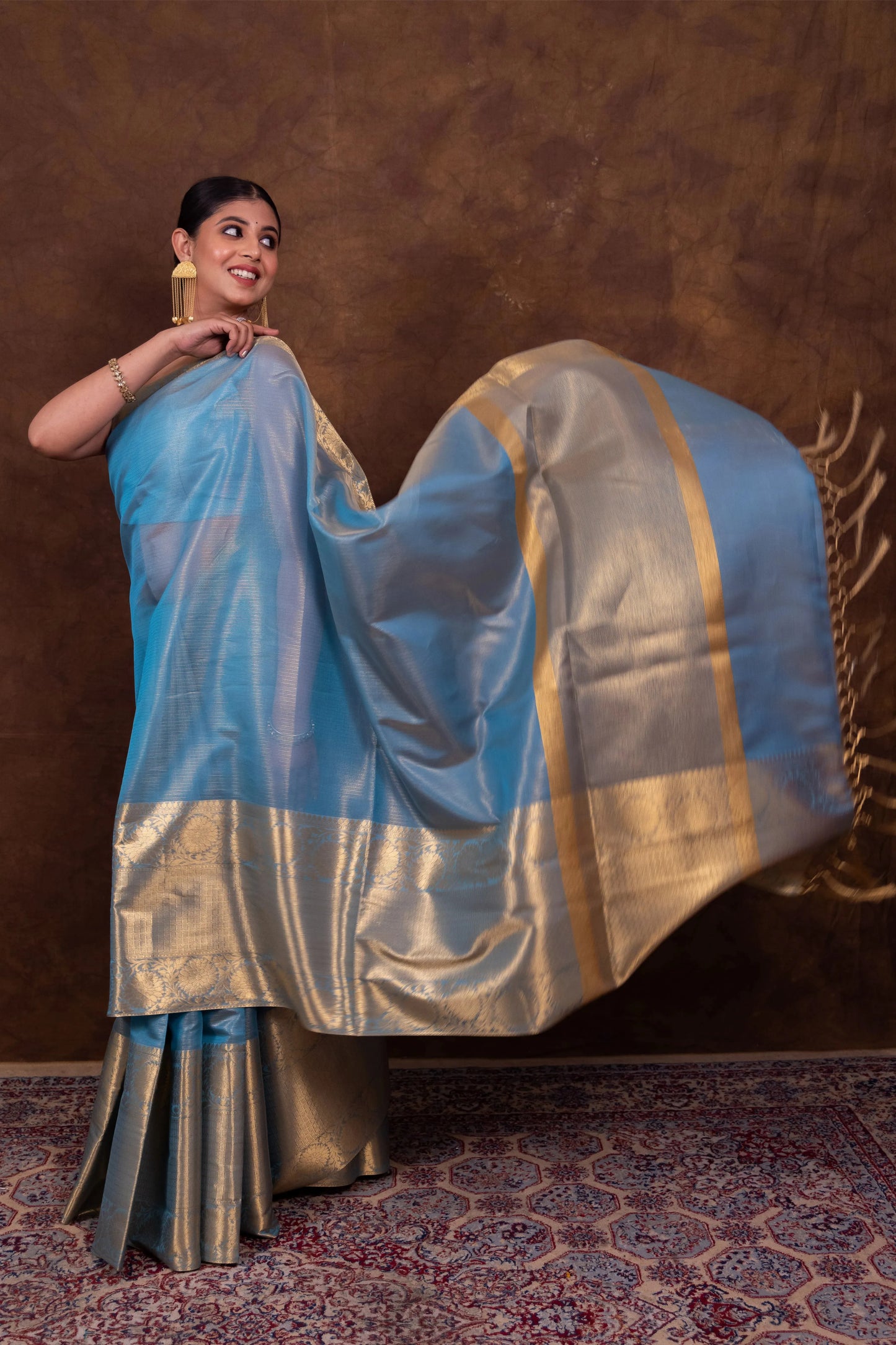 Elegant Firozi Blue Kota Silk Saree with Silver-Gold Zari Border