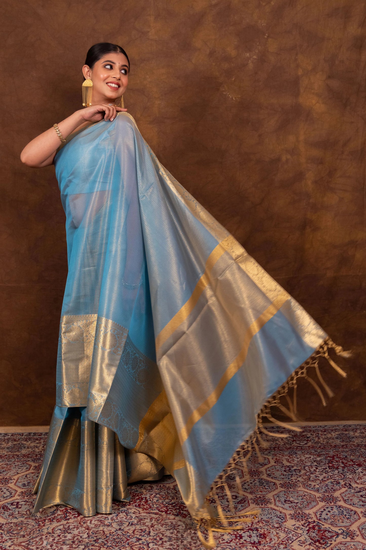 Elegant Firozi Blue Kota Silk Saree with Silver-Gold Zari Border