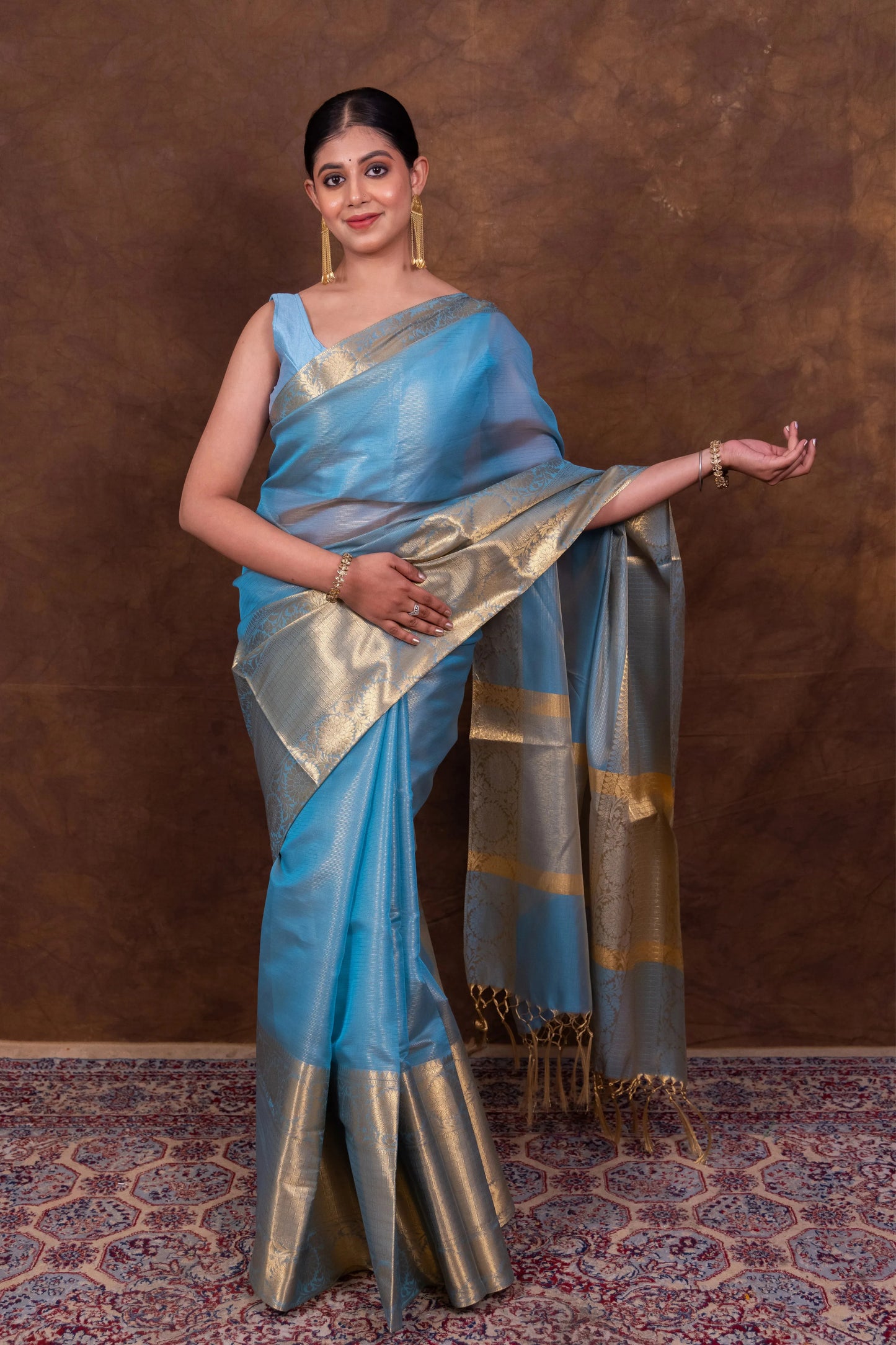 Elegant Firozi Blue Kota Silk Saree with Silver-Gold Zari Border