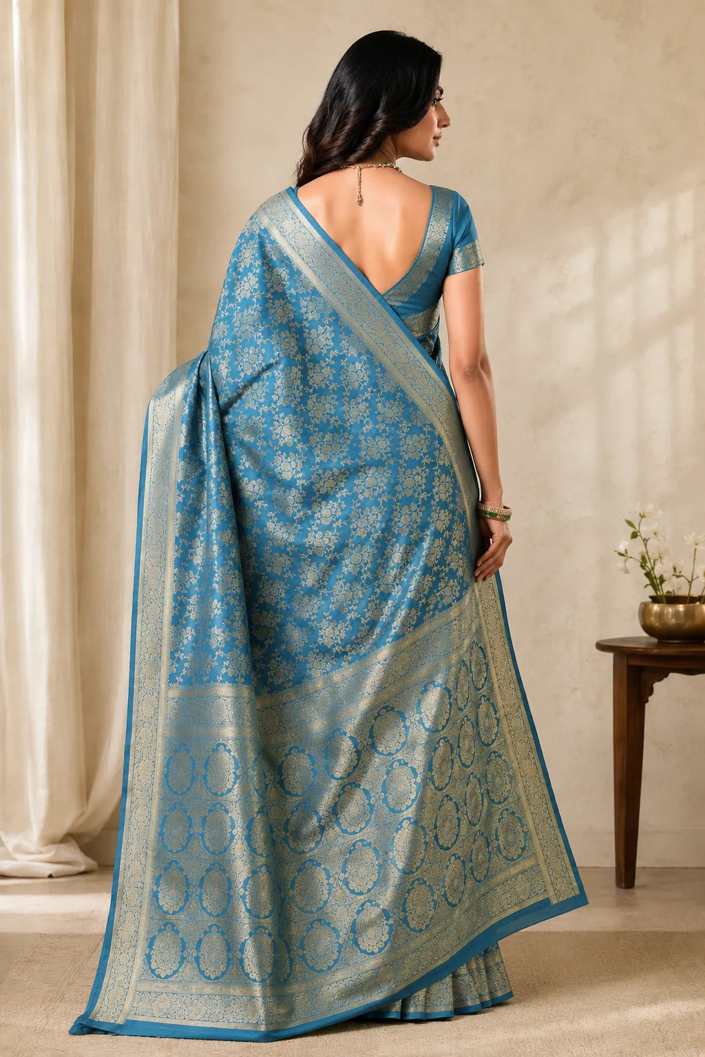 Royal Firozi Blue Banarasi Silk Saree with Floral Jaal Weaving & Rich Zari Pallu