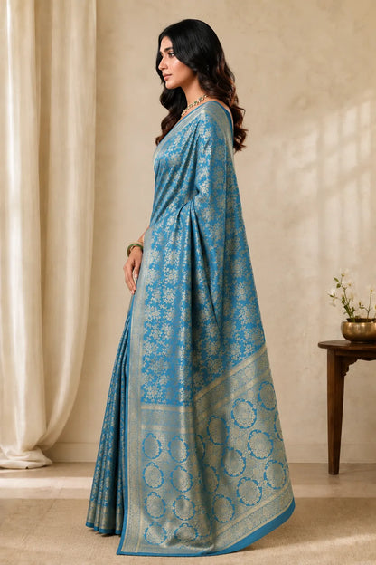 Royal Firozi Blue Banarasi Silk Saree with Floral Jaal Weaving & Rich Zari Pallu