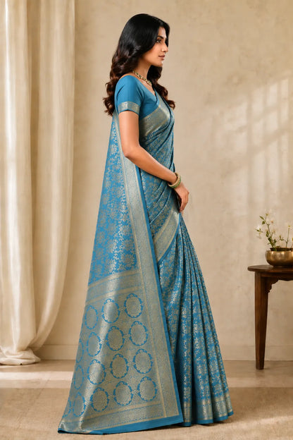 Royal Firozi Blue Banarasi Silk Saree with Floral Jaal Weaving & Rich Zari Pallu