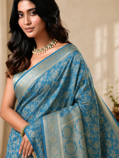 Royal Firozi Blue Banarasi Silk Saree with Floral Jaal Weaving & Rich Zari Pallu