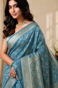 Royal Firozi Blue Banarasi Silk Saree with Floral Jaal Weaving & Rich Zari Pallu