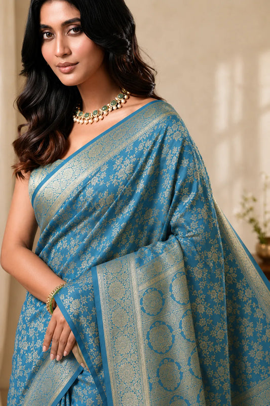 Royal Firozi Blue Banarasi Silk Saree with Floral Jaal Weaving & Rich Zari Pallu