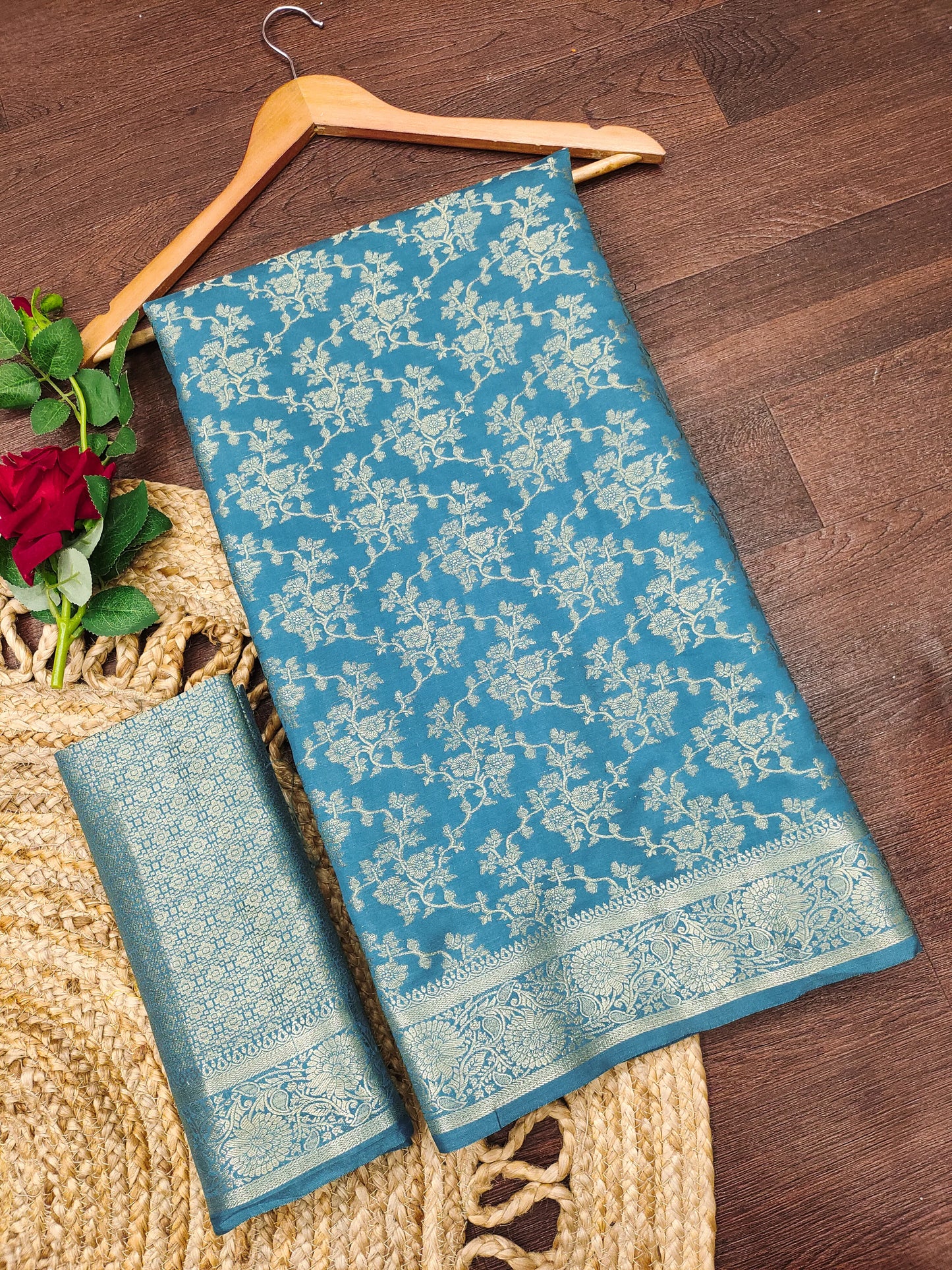 Royal Firozi Blue Banarasi Silk Saree with Floral Jaal Weaving & Rich Zari Pallu
