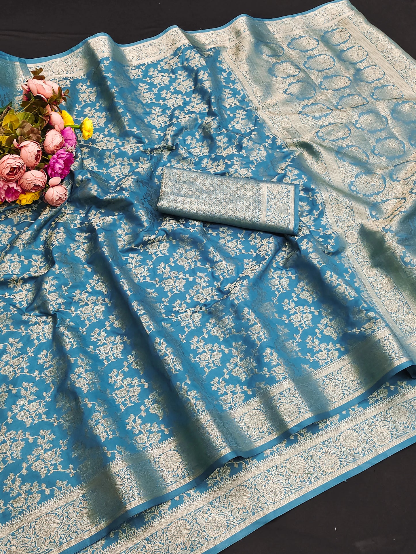 Royal Firozi Blue Banarasi Silk Saree with Floral Jaal Weaving & Rich Zari Pallu