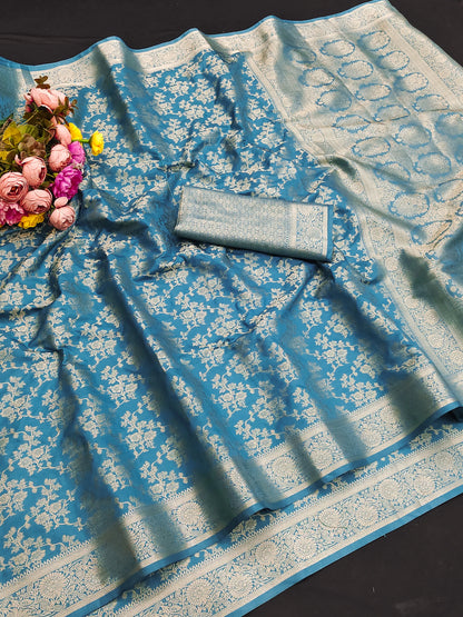 Royal Firozi Blue Banarasi Silk Saree with Floral Jaal Weaving & Rich Zari Pallu