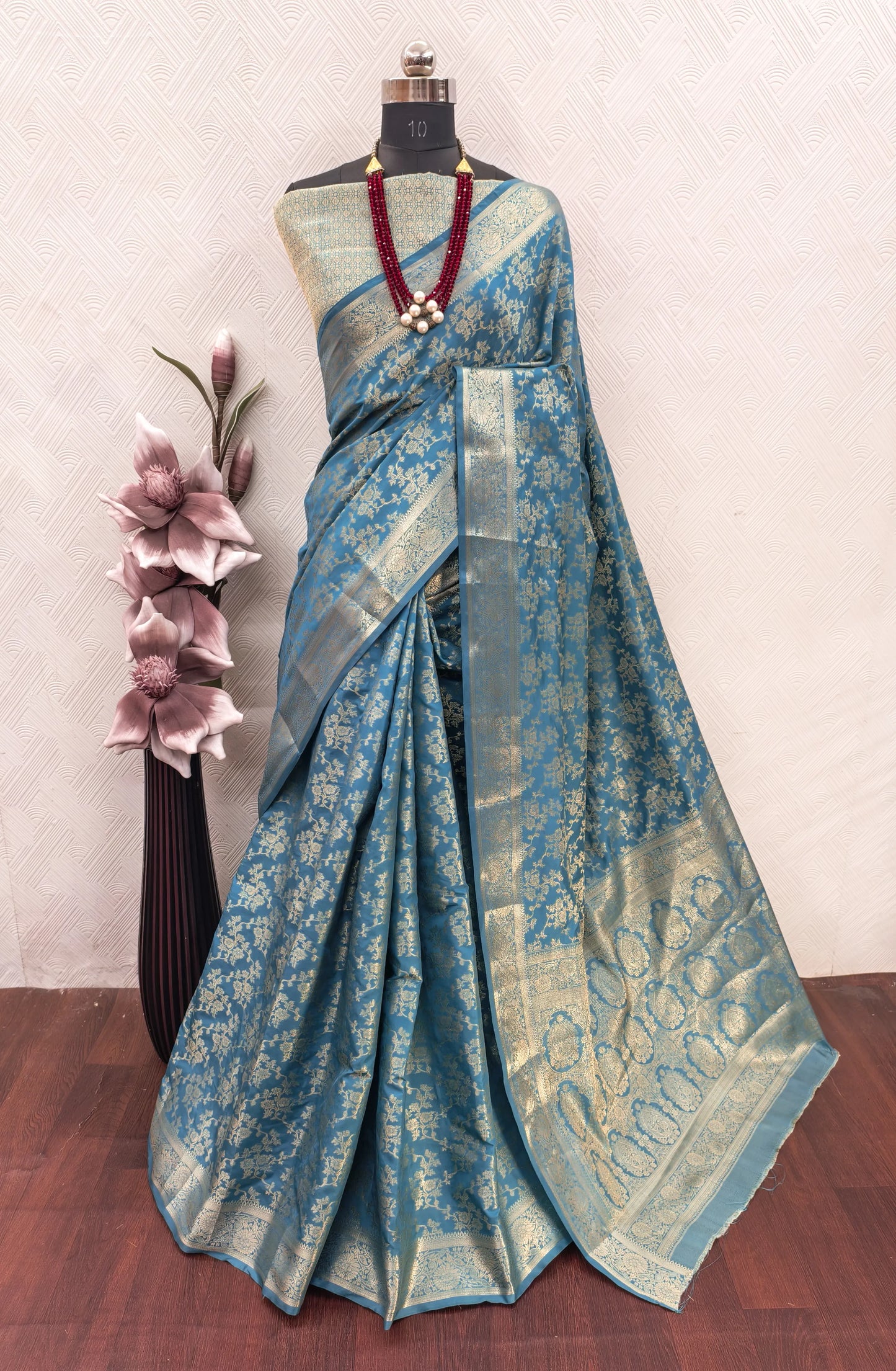 Royal Firozi Blue Banarasi Silk Saree with Floral Jaal Weaving & Rich Zari Pallu