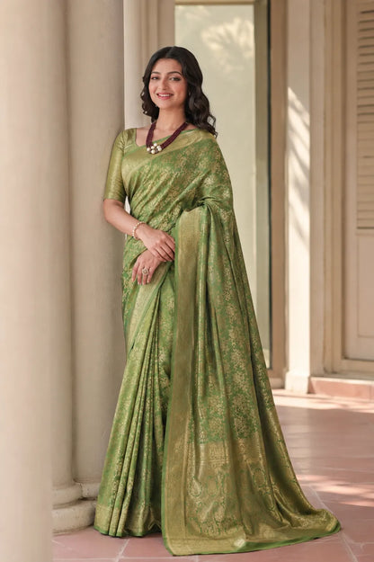 Elegant Mehendi Green Banarasi Silk Saree with Floral Jaal Weaving & Rich Zari Pallu