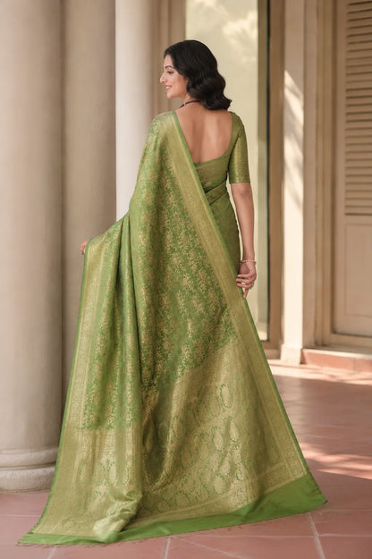 Elegant Mehendi Green Banarasi Silk Saree with Floral Jaal Weaving & Rich Zari Pallu