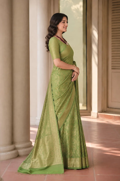Elegant Mehendi Green Banarasi Silk Saree with Floral Jaal Weaving & Rich Zari Pallu