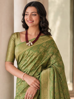 Elegant Mehendi Green Banarasi Silk Saree with Floral Jaal Weaving & Rich Zari Pallu
