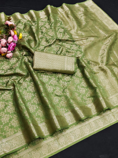 Elegant Mehendi Green Banarasi Silk Saree with Floral Jaal Weaving & Rich Zari Pallu
