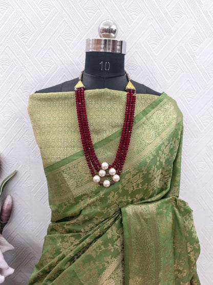 Elegant Mehendi Green Banarasi Silk Saree with Floral Jaal Weaving & Rich Zari Pallu