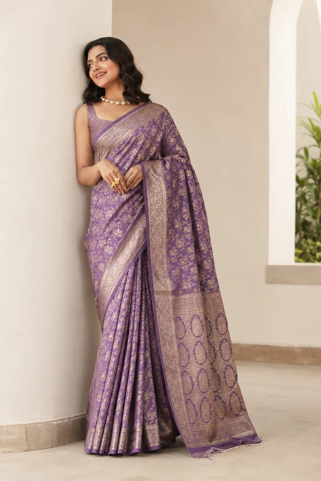 Royal Lavender Purple Banarasi Silk Saree with Floral Jaal Weaving & Heritage Zari Pallu