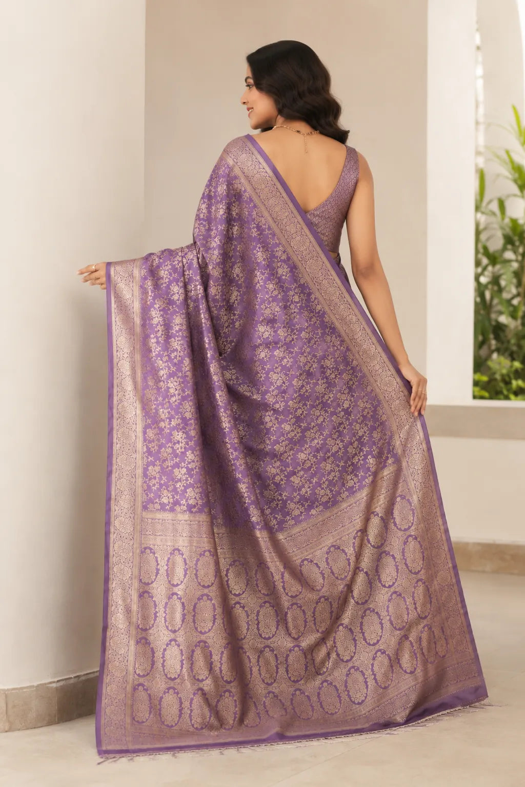 Royal Lavender Purple Banarasi Silk Saree with Floral Jaal Weaving & Heritage Zari Pallu