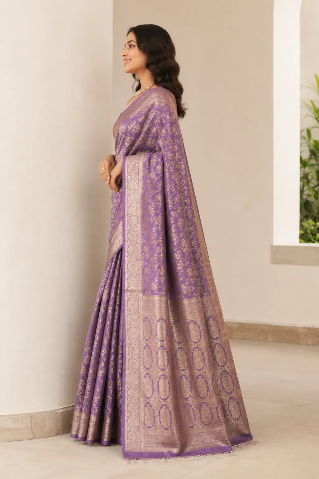 Royal Lavender Purple Banarasi Silk Saree with Floral Jaal Weaving & Heritage Zari Pallu