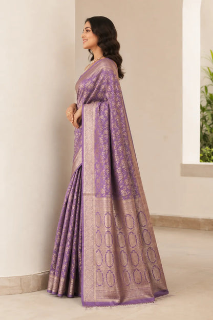 Royal Lavender Purple Banarasi Silk Saree with Floral Jaal Weaving & Heritage Zari Pallu