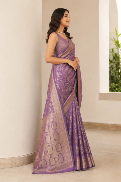 Royal Lavender Purple Banarasi Silk Saree with Floral Jaal Weaving & Heritage Zari Pallu