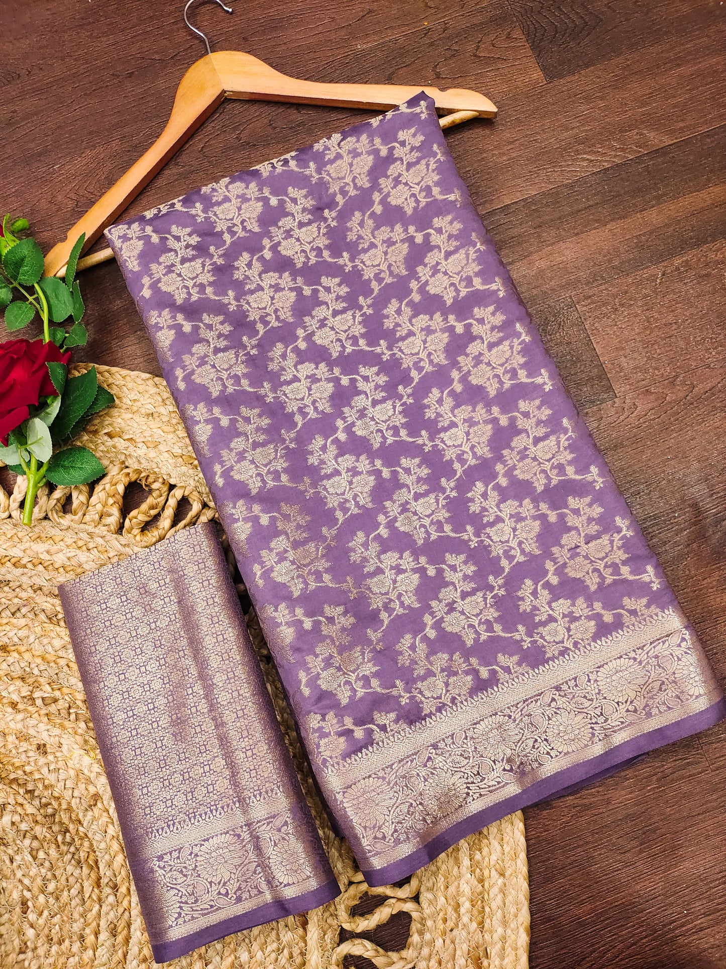Royal Lavender Purple Banarasi Silk Saree with Floral Jaal Weaving & Heritage Zari Pallu