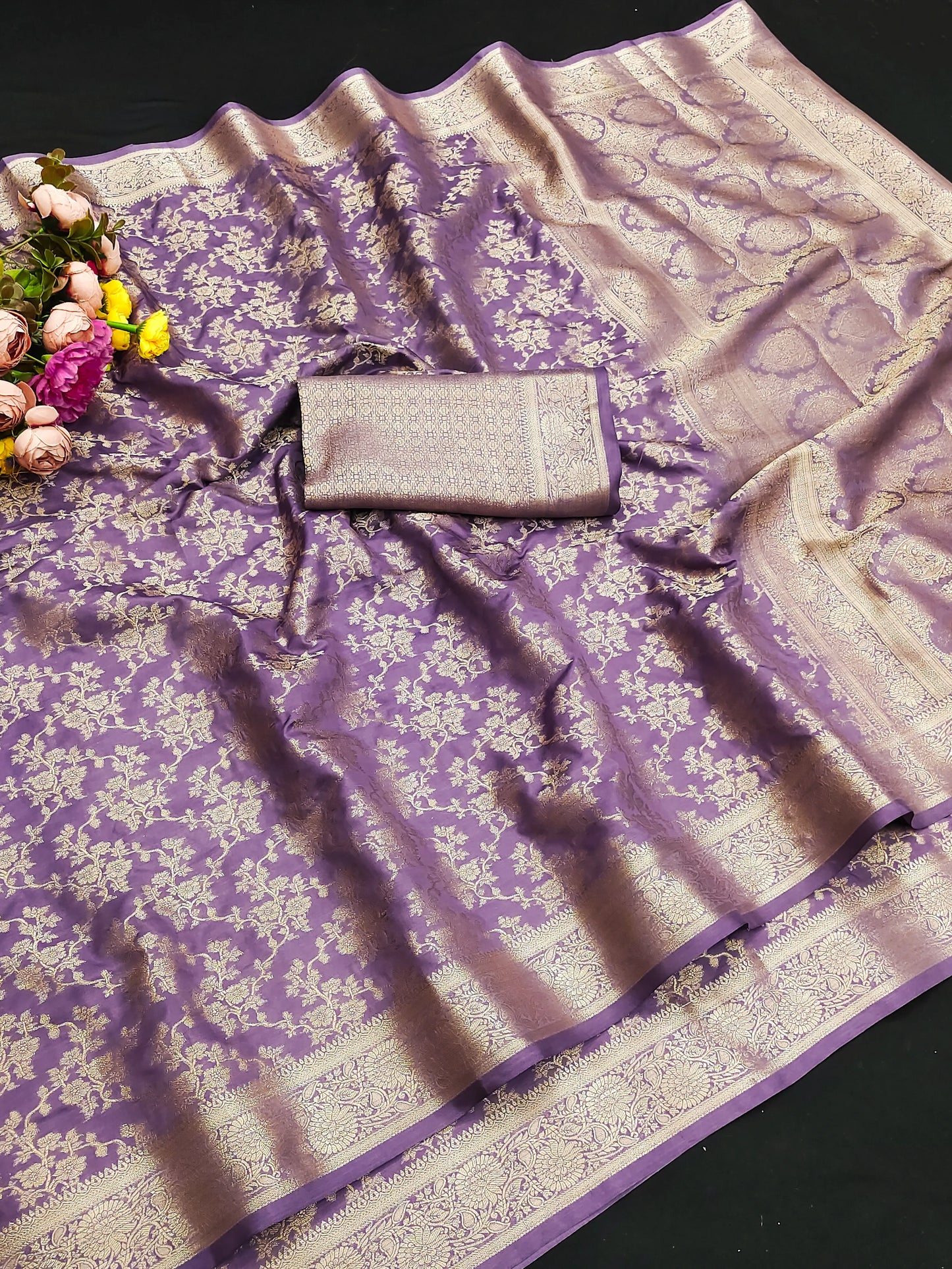 Royal Lavender Purple Banarasi Silk Saree with Floral Jaal Weaving & Heritage Zari Pallu
