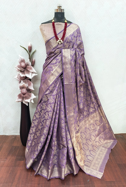Royal Lavender Purple Banarasi Silk Saree with Floral Jaal Weaving & Heritage Zari Pallu