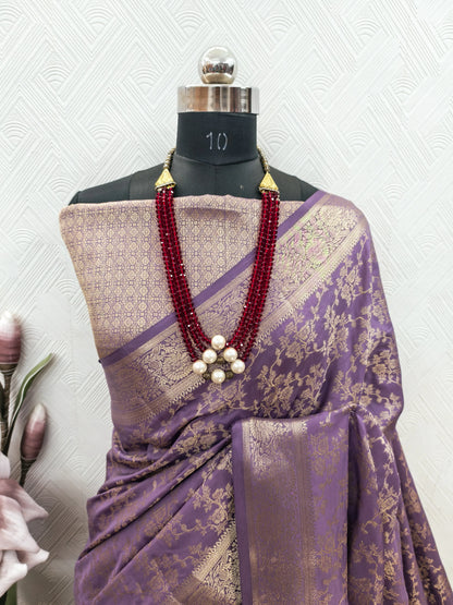 Royal Lavender Purple Banarasi Silk Saree with Floral Jaal Weaving & Heritage Zari Pallu