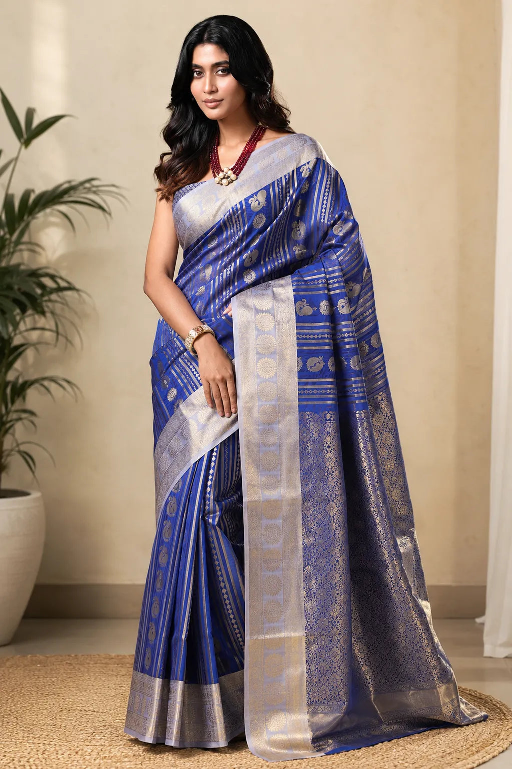Royal Blue Paithani Silk Saree with Peacock Motifs & Silver Zari Border