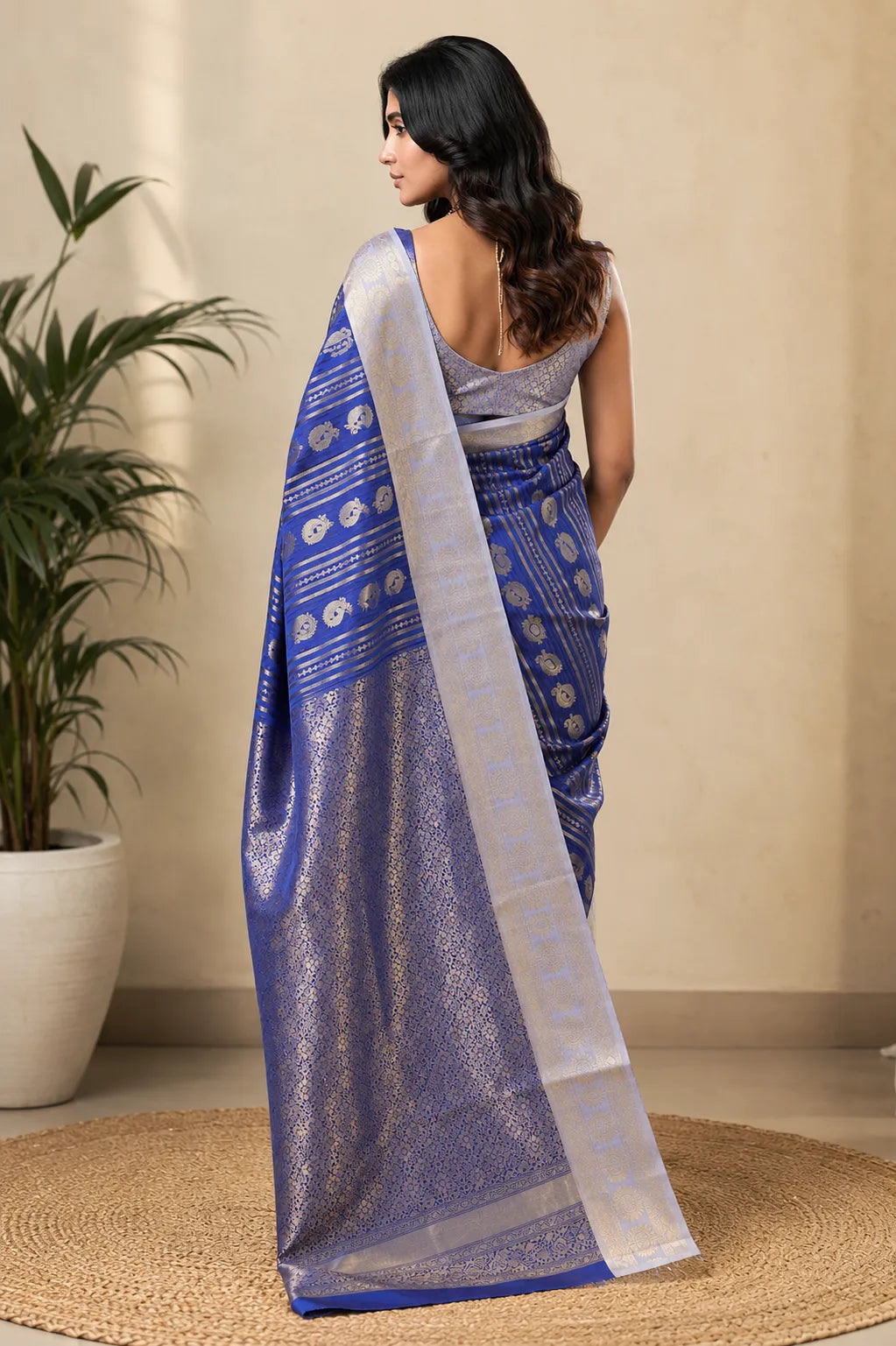 Royal Blue Paithani Silk Saree with Peacock Motifs & Silver Zari Border